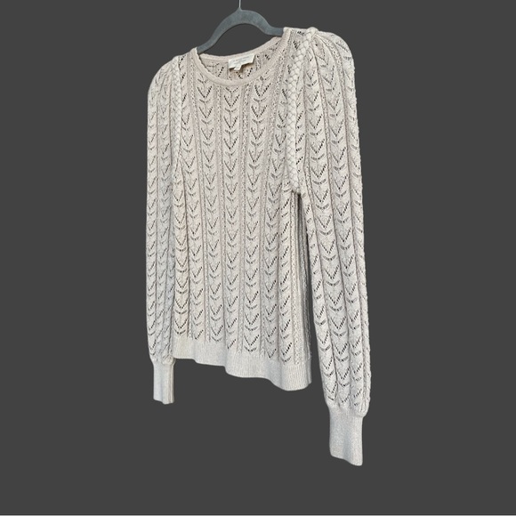 SEZANE Neutral Beige Crochet Cotton Knit Braided Balloon Sleeve Maxen Sweater - Picture 14 of 15